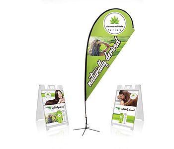 Outdoor display package featuring a teardrop banner stand and two a-frame signs