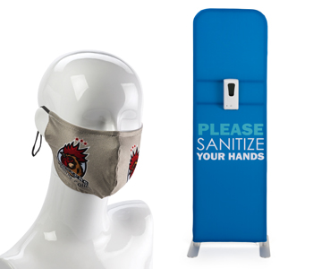 Custom masks and hand sanitizer stations