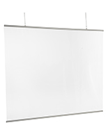 Clear hanging vinyl sneeze guard with satin silver banner brackets 