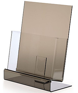 A countertop magazine holder made with smoky acrylic plastic
