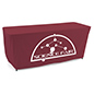 Purple convertible table cover with custom printing is machine washable 