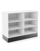 Flat top sales counter with open storage is 4 feet wide