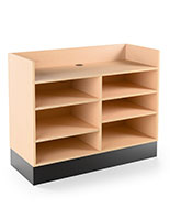 Recessed top sales counter with open storage has black toe kick