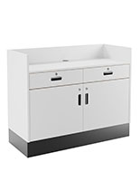 Recessed top sales counter with lockable storage features two drawers and four adjustable shelves