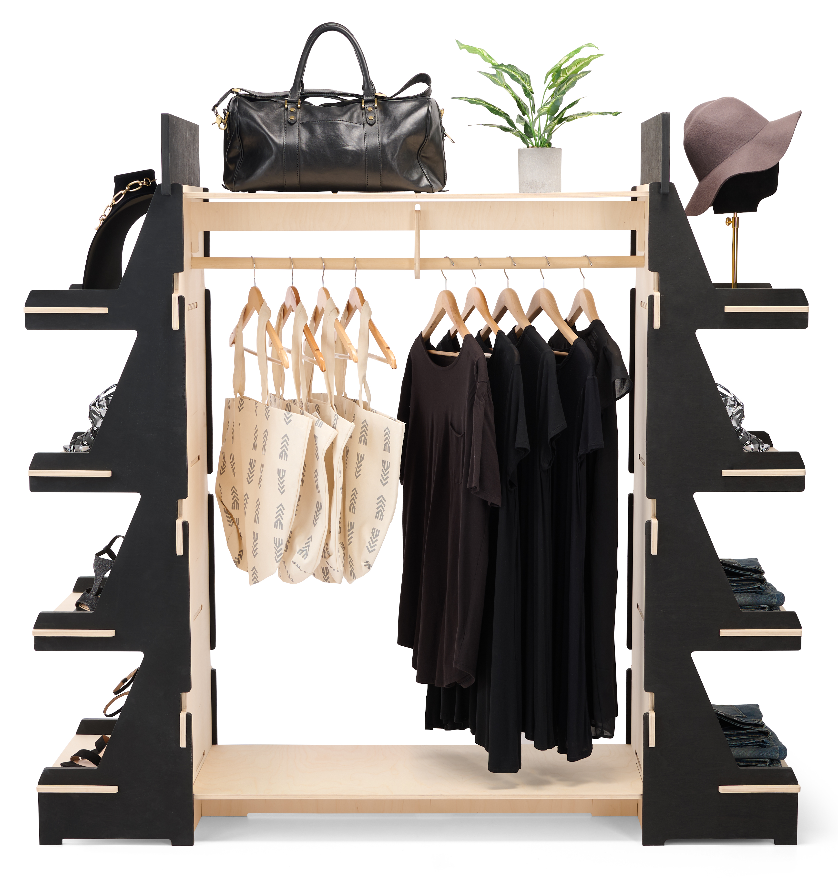 68 x 65 Clothing Rack with Shelves, Floor Standing, Eco-Friendly - Black/Natural - Image 4