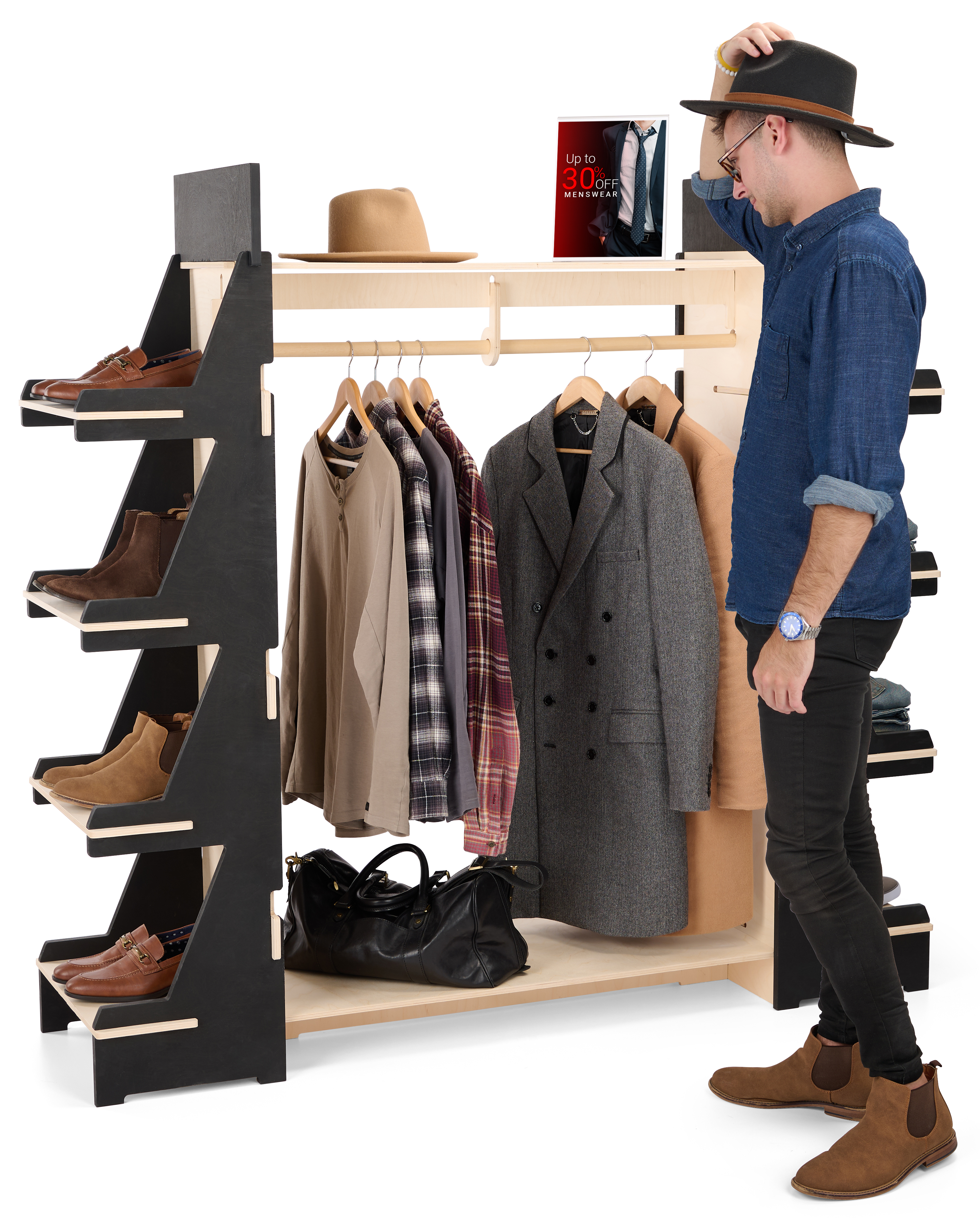 68 x 65 Clothing Rack with Shelves, Floor Standing, Eco-Friendly - Black/Natural - Image 9