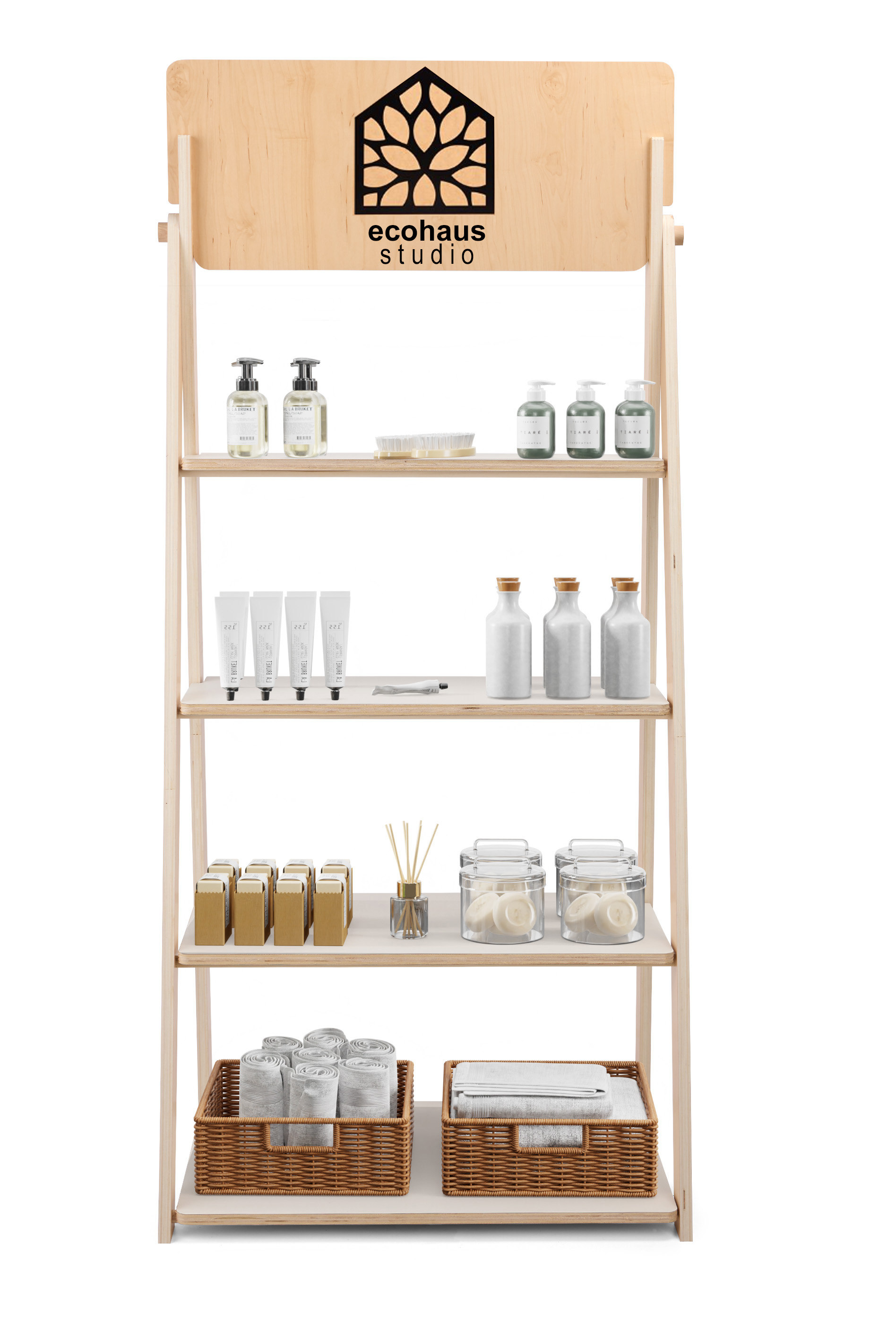 73" x 31.5" Multi-Tiered Shelving Display, Custom Graphics, Simple Assembly - Natural - Image 6