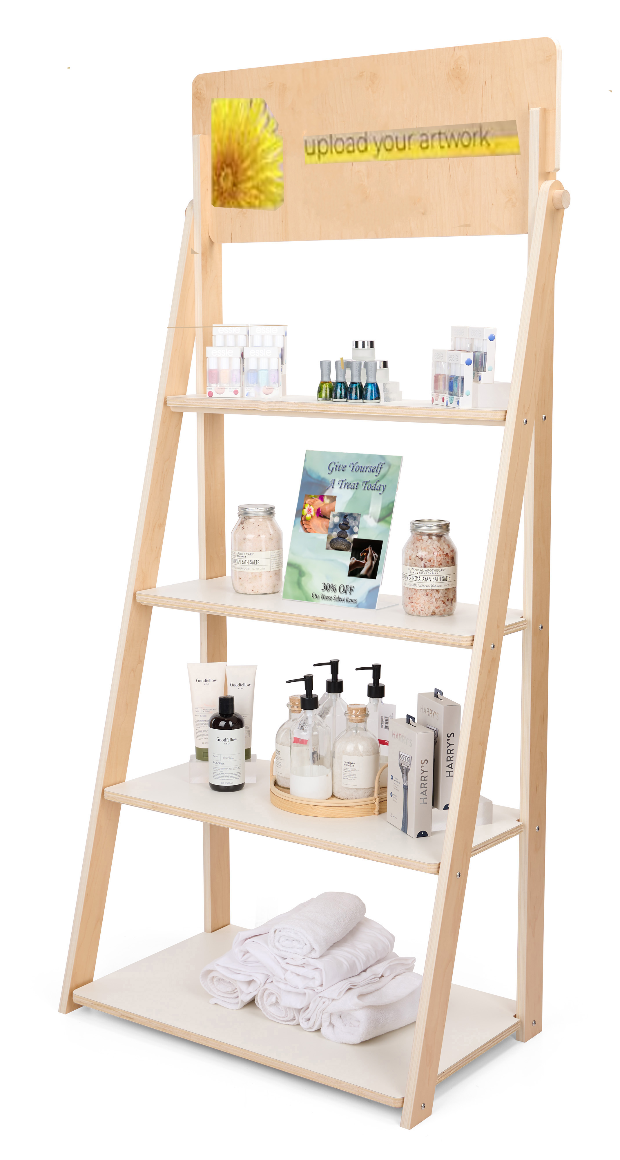 73" x 31.5" Multi-Tiered Shelving Display, Custom Graphics, Simple Assembly - Natural - Image 7