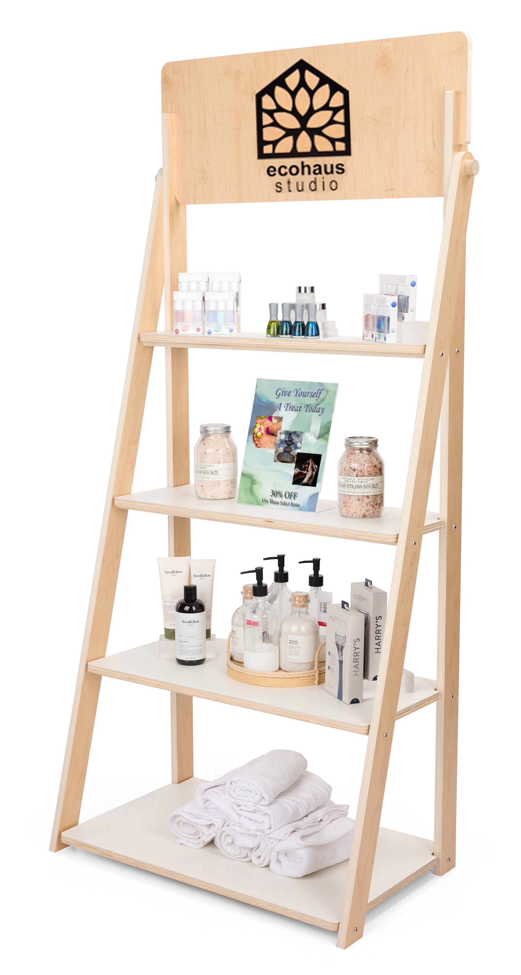 73" x 31.5" Multi-Tiered Shelving Display, Custom Graphics, Simple Assembly - Natural - Image 2