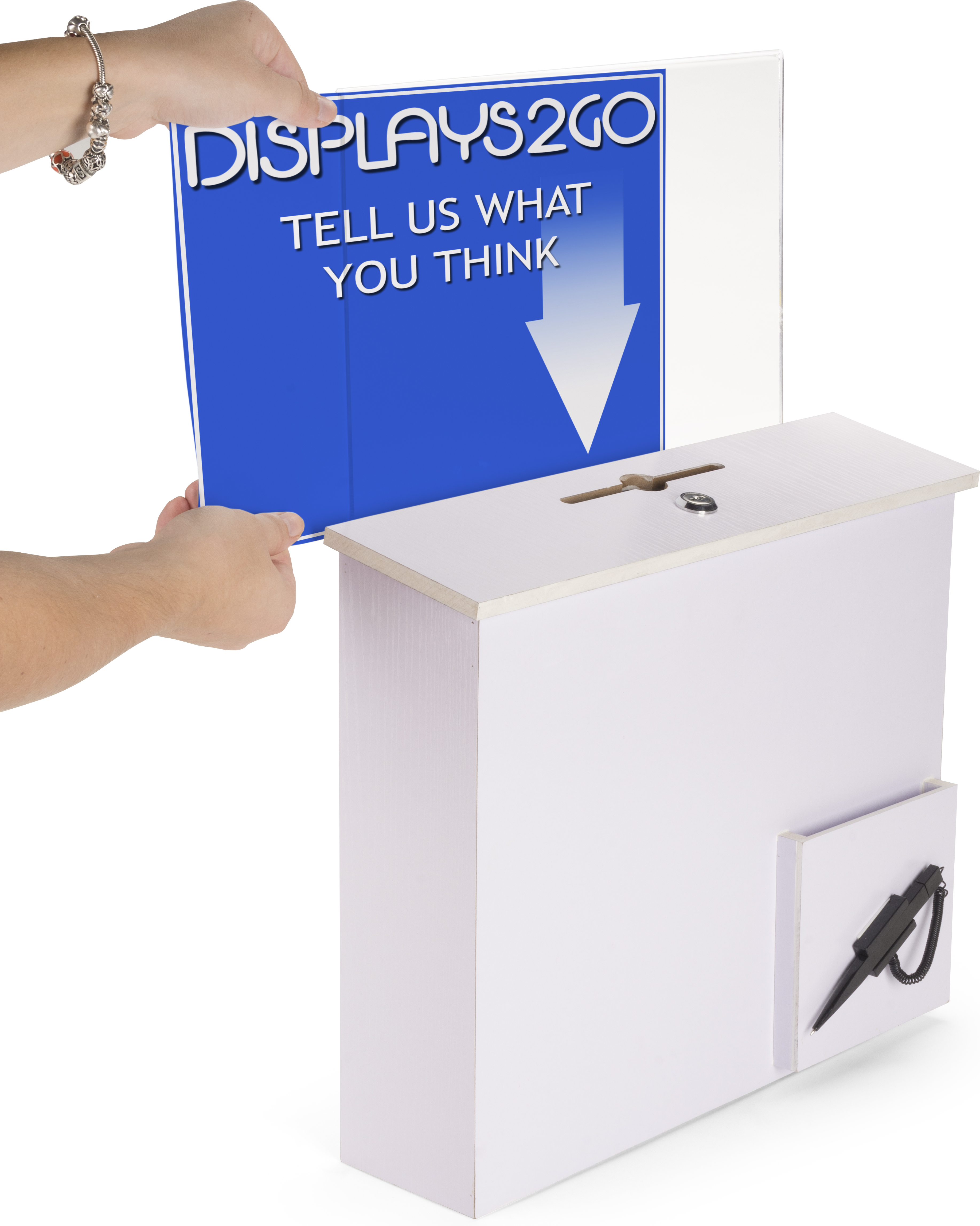 White Donation Box with Sign Holder | Wooden | Displays2Go