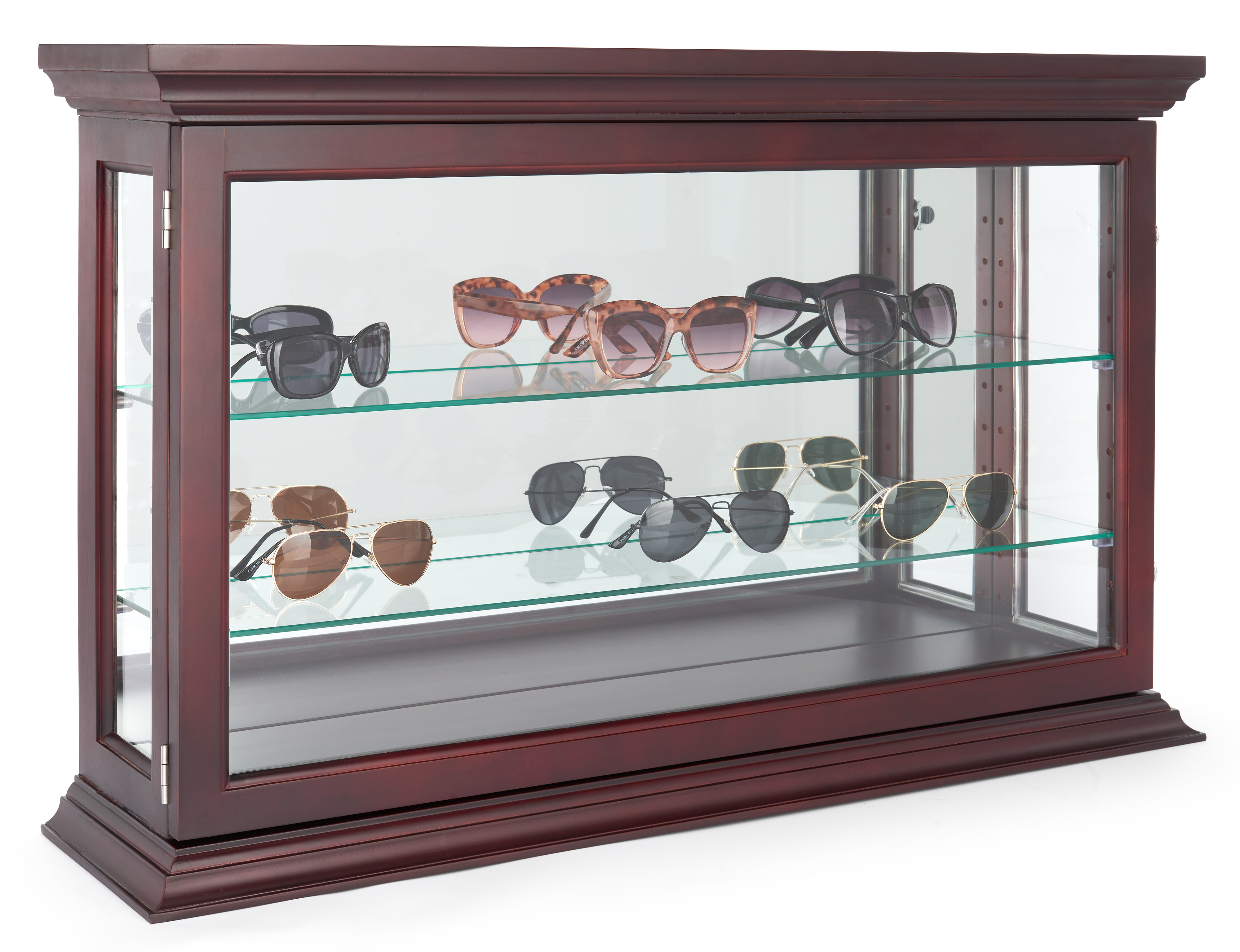 34" Countertop/Wall Mount Display Case, Adjustable Shelves, Locking - Mahogany - Image 2