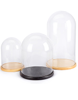 Glass domes with bases in two wood finishes