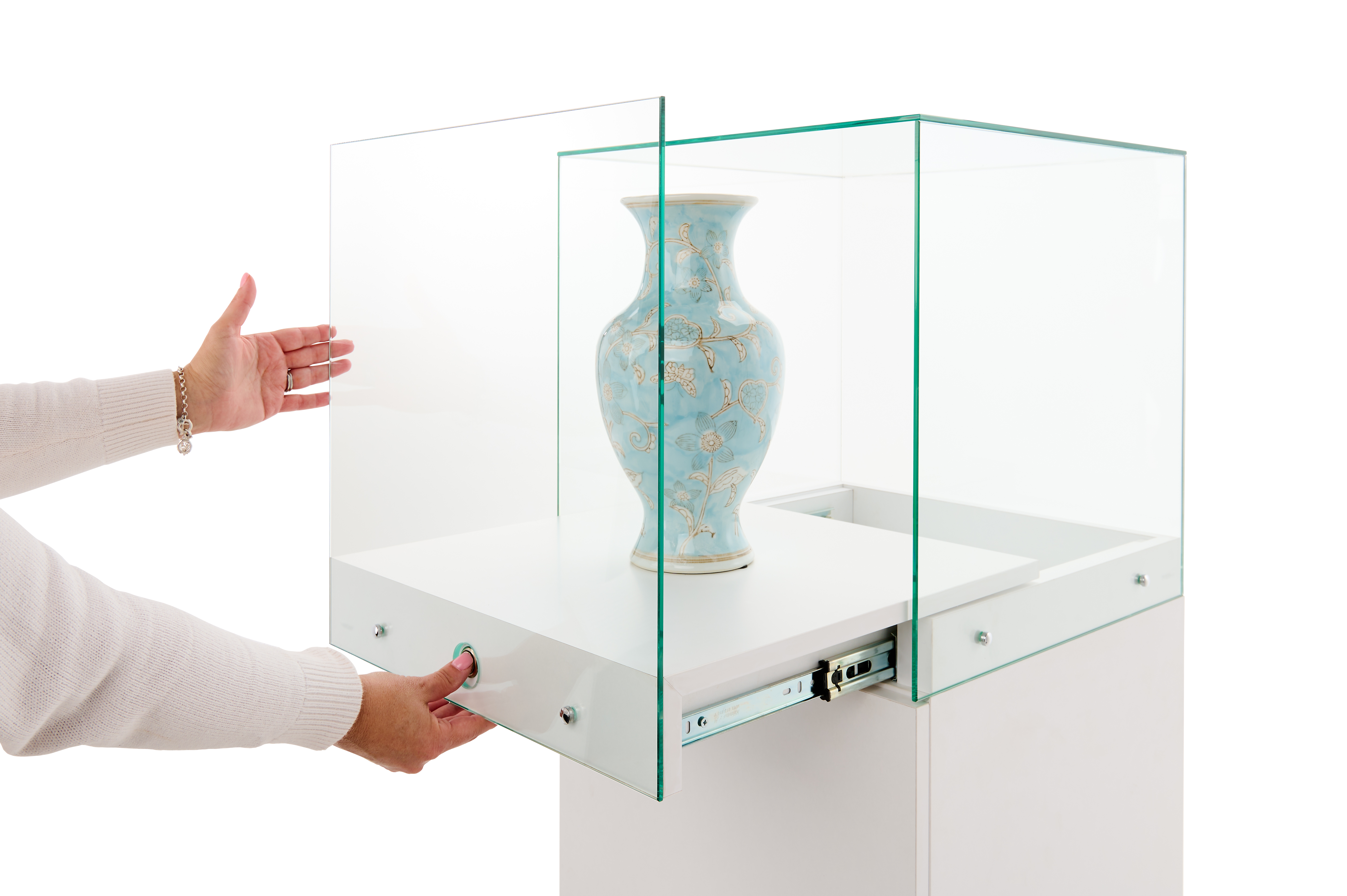 20"w Pedestal Display Case with Locking Slide-Out Top and Storage - Black or White - Image 3