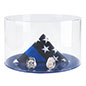 Round display case with blue base with convenient lift-off clear cover