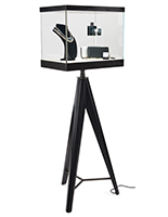 This glass display box with tripod base has an overall weight of 220 pounds