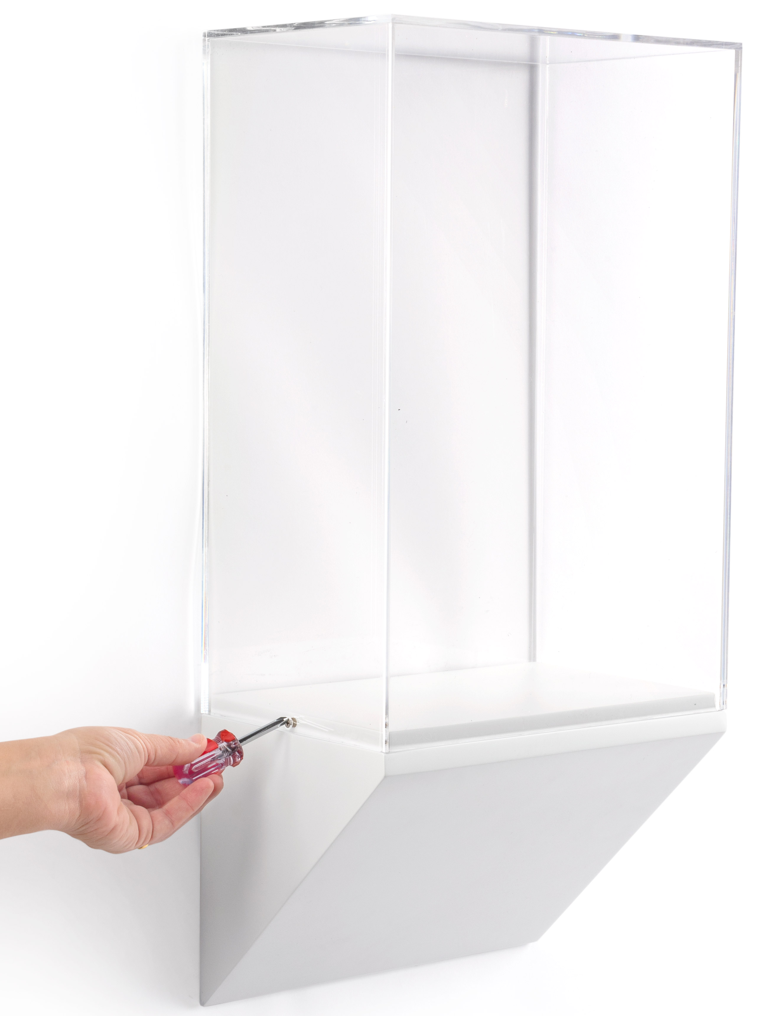 Wedge Pedestal Museum Wall Case | Acrylic Vitrine on White Base