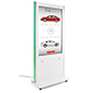 Edge-lit digital marketing kiosk with glossy white finish 