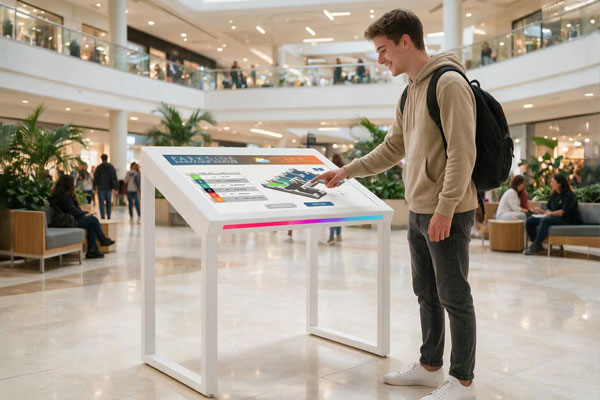 Man interacting with a floor standing digital kiosk in a mall environment