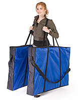 Folding exhibition display panels packed in two carrying bags for transport