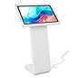 Horizontal touch screen display floor stand simplifies customer, patient, or patron interactions