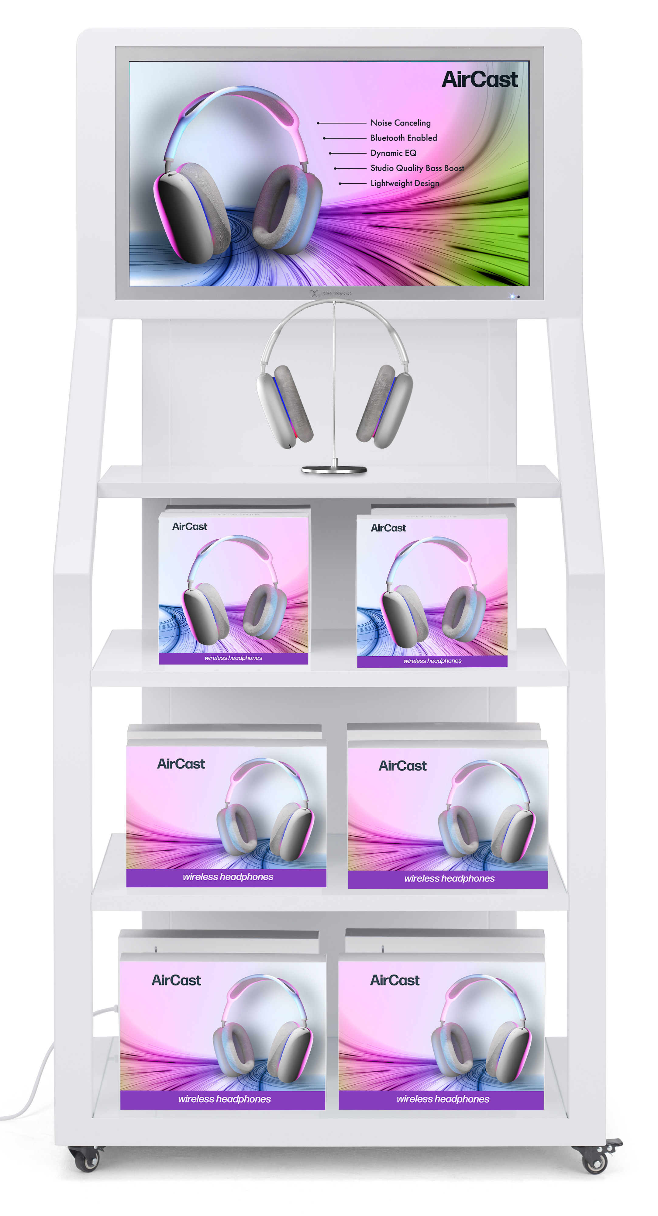 Product Display Shelves w/ 32" LCD Screen, 4 Shelves, Android 11 OS, Wheels - Image 2