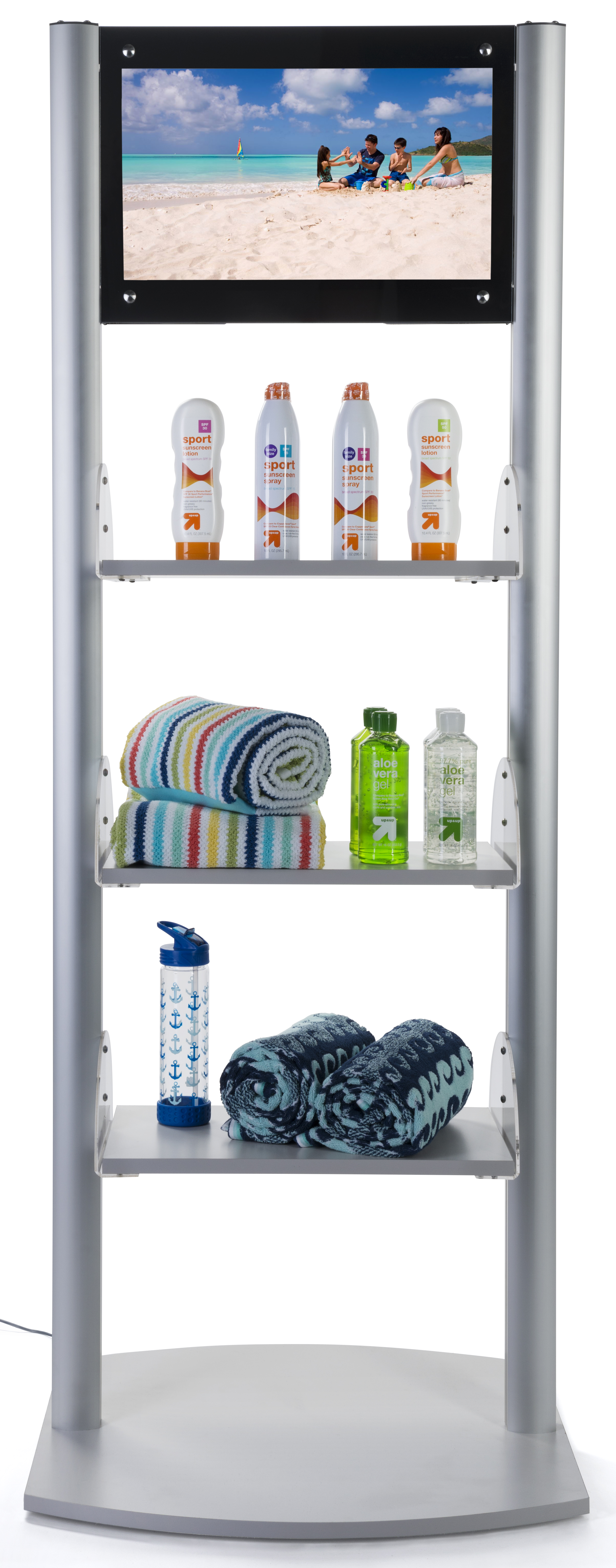 73.25”h Tiered Aluminum Display with 3 Adjustable Shelves, 21.5” LCD Screen - Silver - Image 4