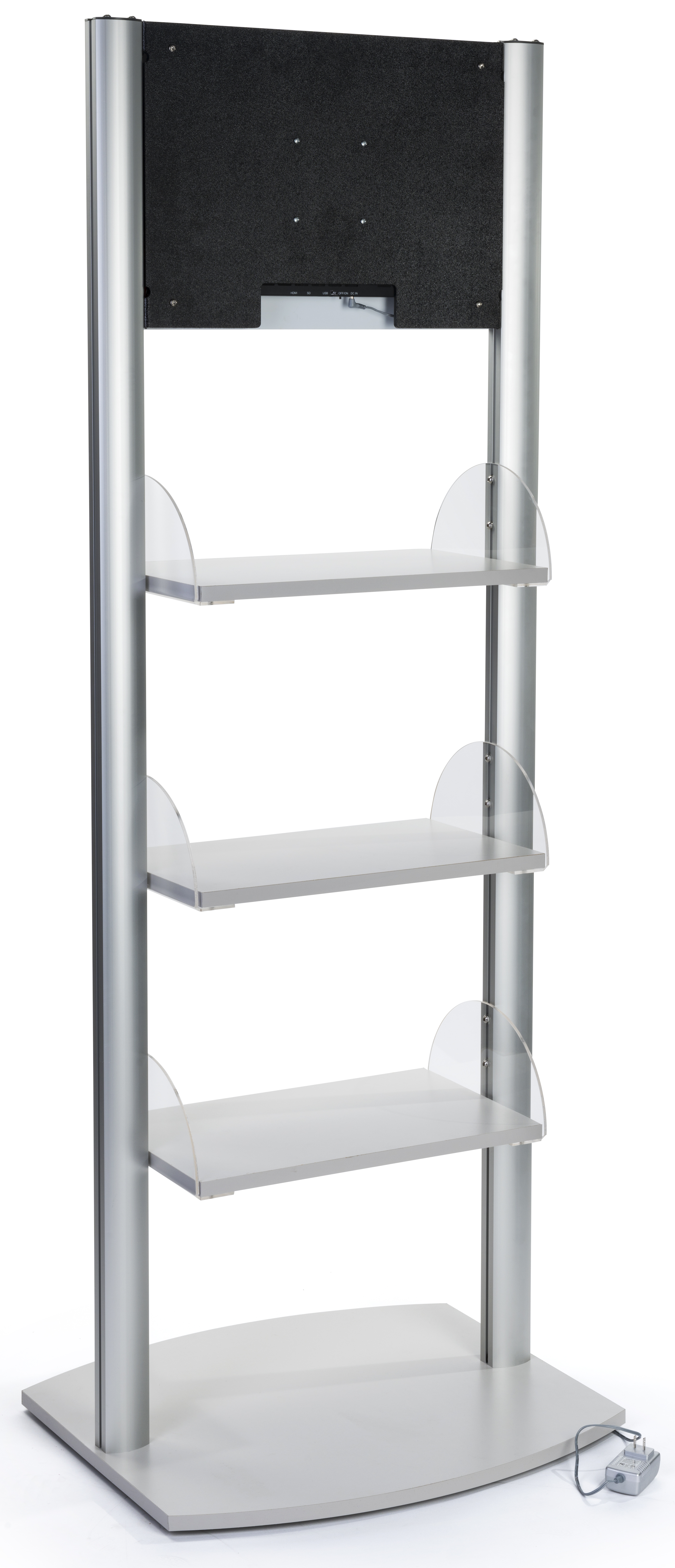 73.25”h Tiered Aluminum Display with 3 Adjustable Shelves, 21.5” LCD Screen - Silver - Image 5