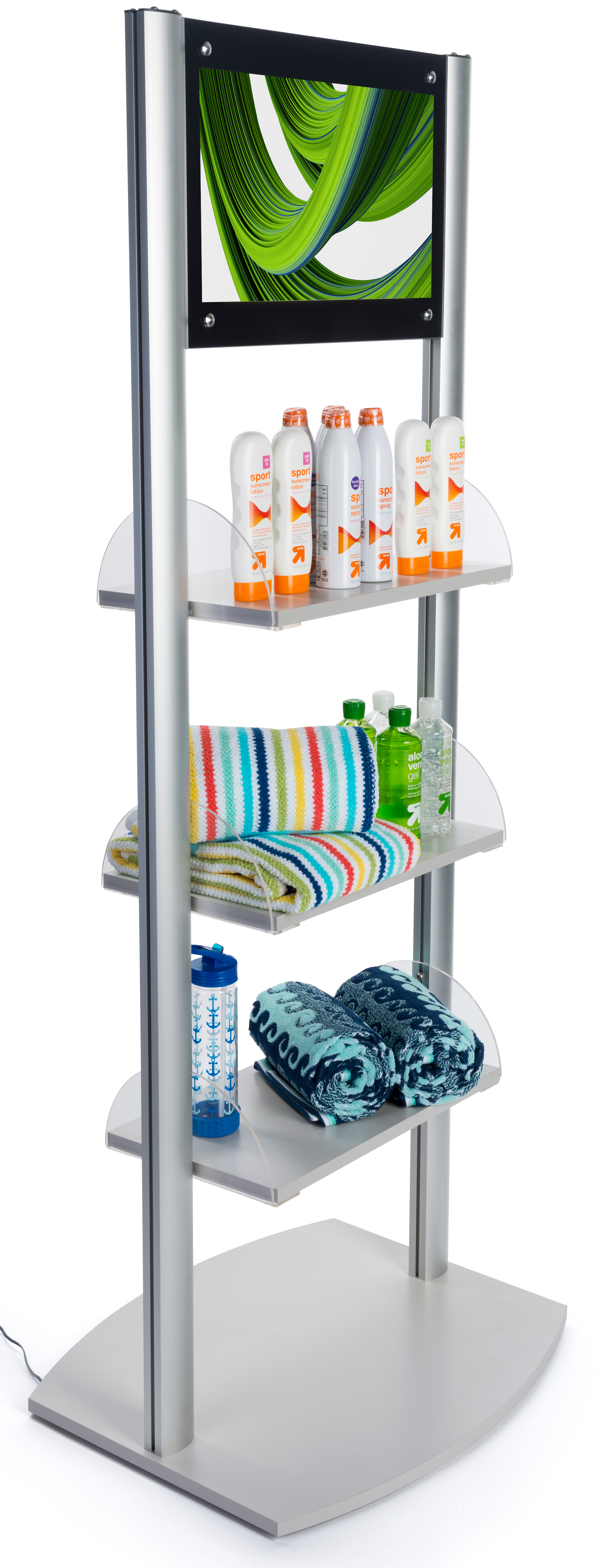 73.25”h Tiered Aluminum Display with 3 Adjustable Shelves, 21.5” LCD Screen - Silver - Image 2