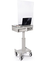 Medical laptop cart with acrylic sneeze guard prevents virus spread 