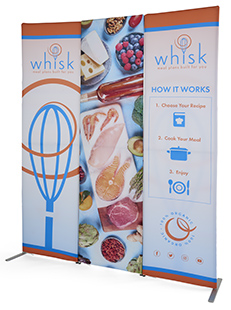 Fabric banner display stand with custom graphics