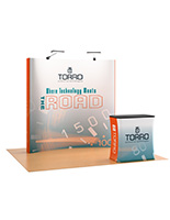 Curved pop up trade show booth with 8 foot backwall