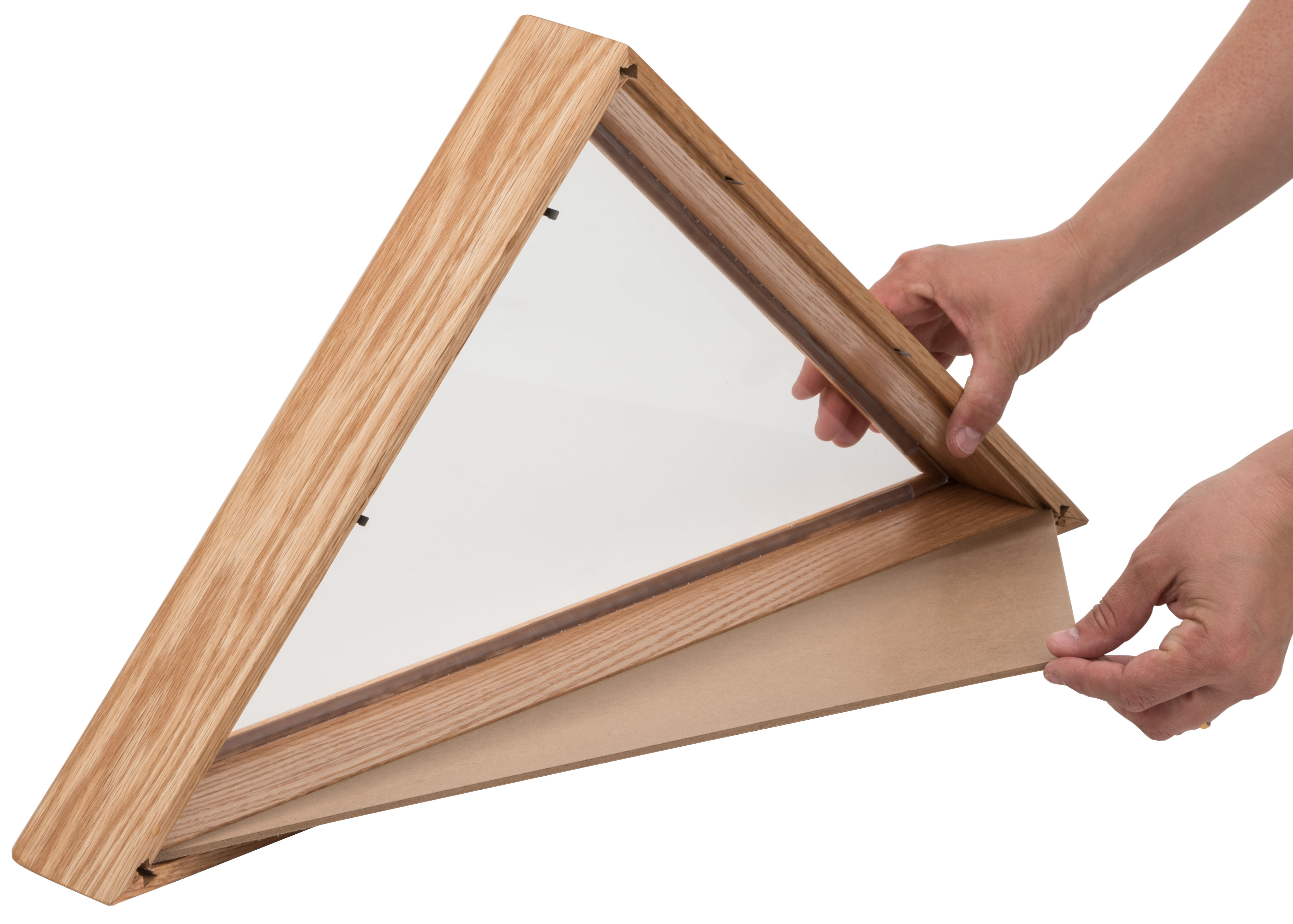 Split Level Flag Case American-Made 5' x 9.5' Oak Flag Case | Rear Loading | Displays2Go
