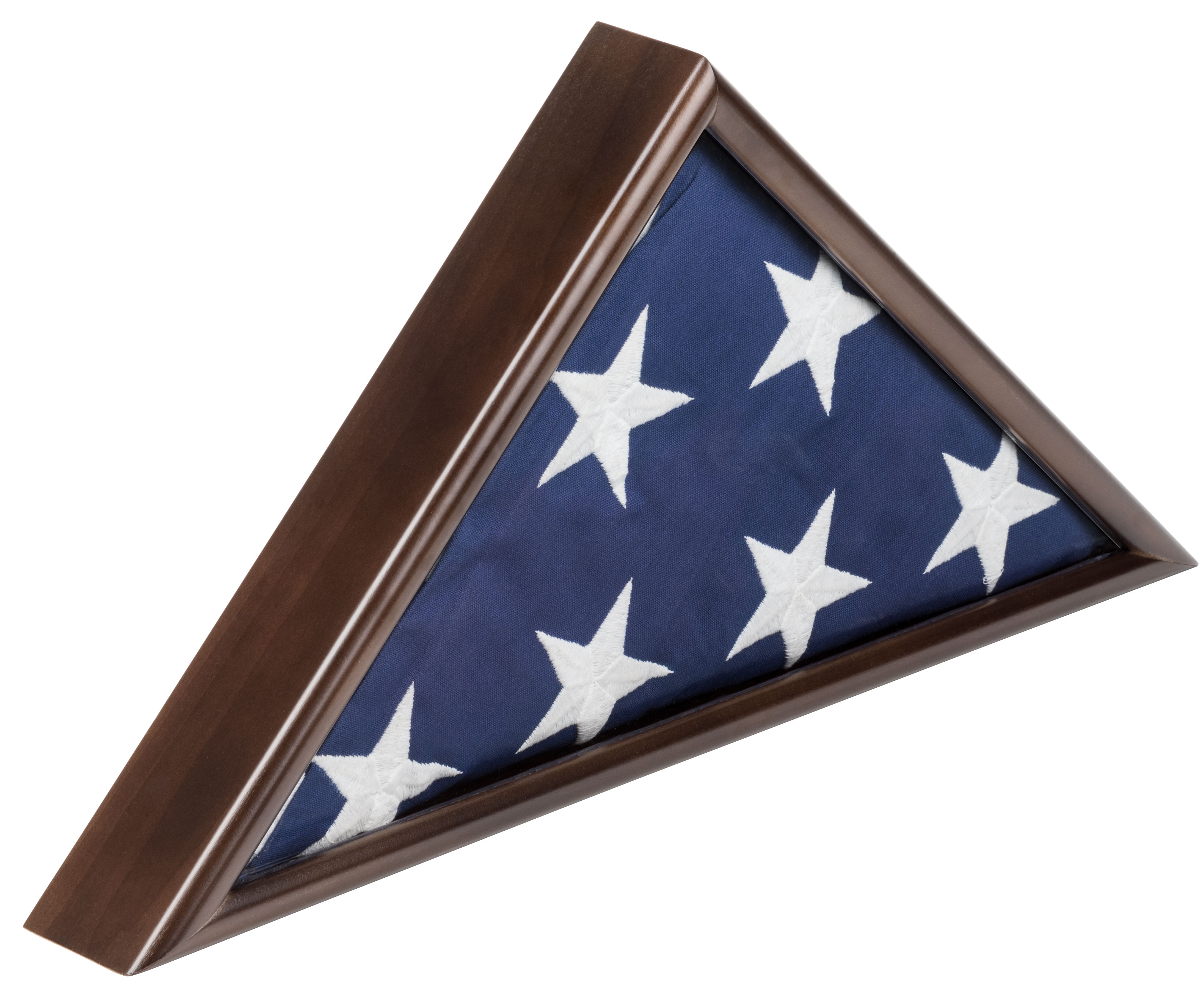 Split Level Flag Case American-Made 5’ x 9.5’ Walnut Flag Case | Tabletop | Displays2Go