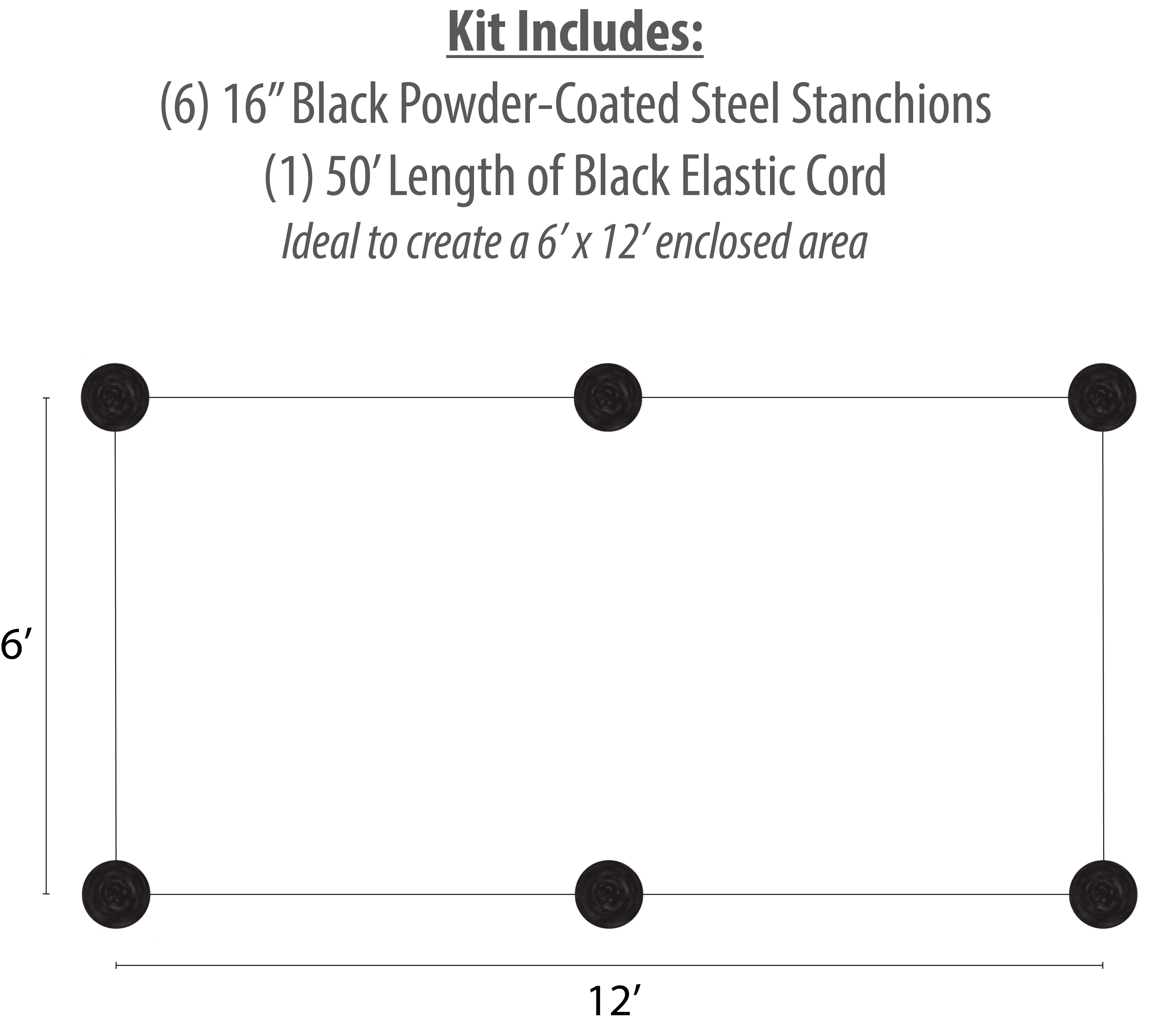 Set of (6) QueuePole Slim 16” Stanchion Posts w/ 50’ Black Elastic Cord - Black - Image 2