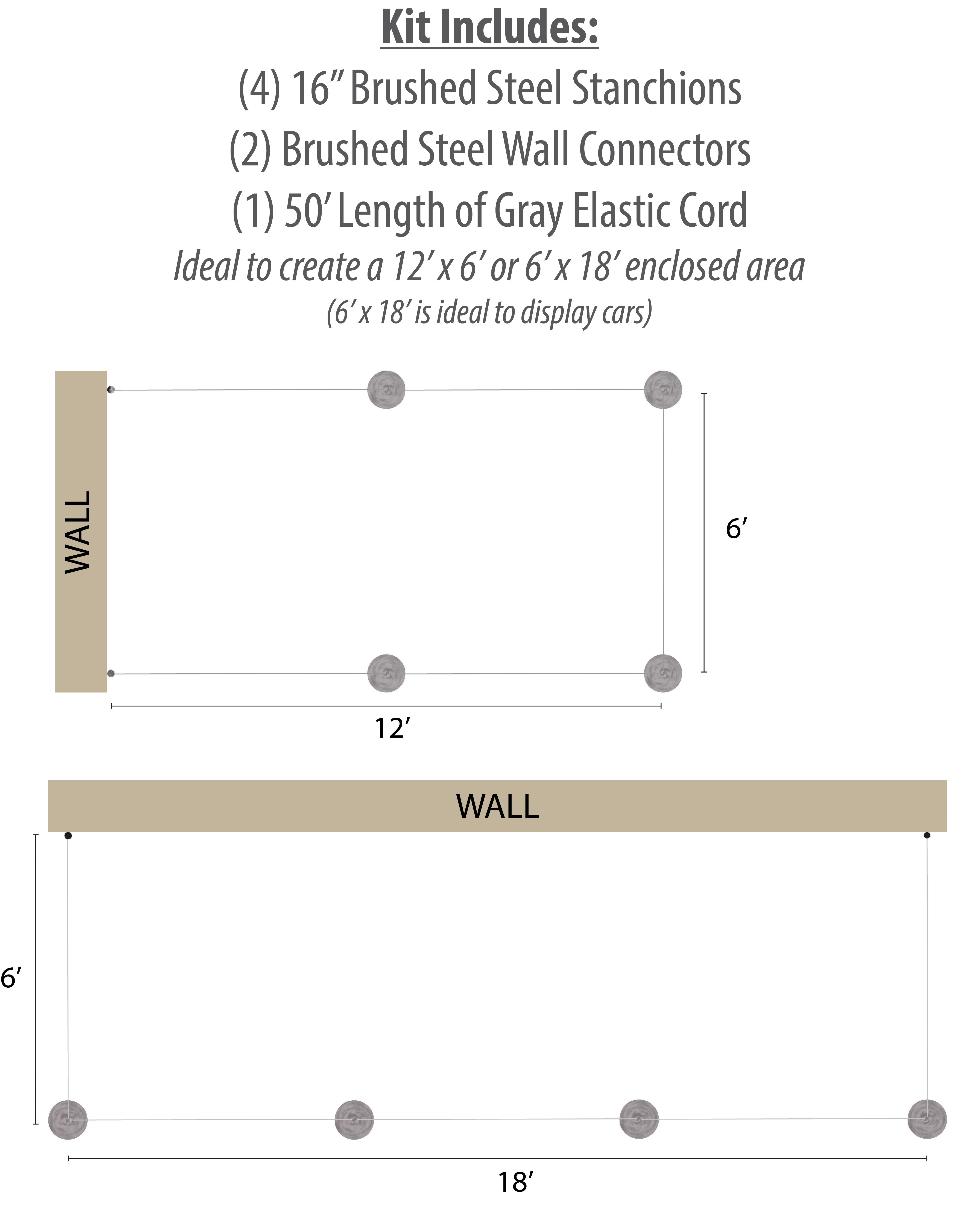 Set of (4) 16” QueuePole Slim Posts, 2 Wall Receptors, w/ 50’ Gray Cord - Silver - Image 2