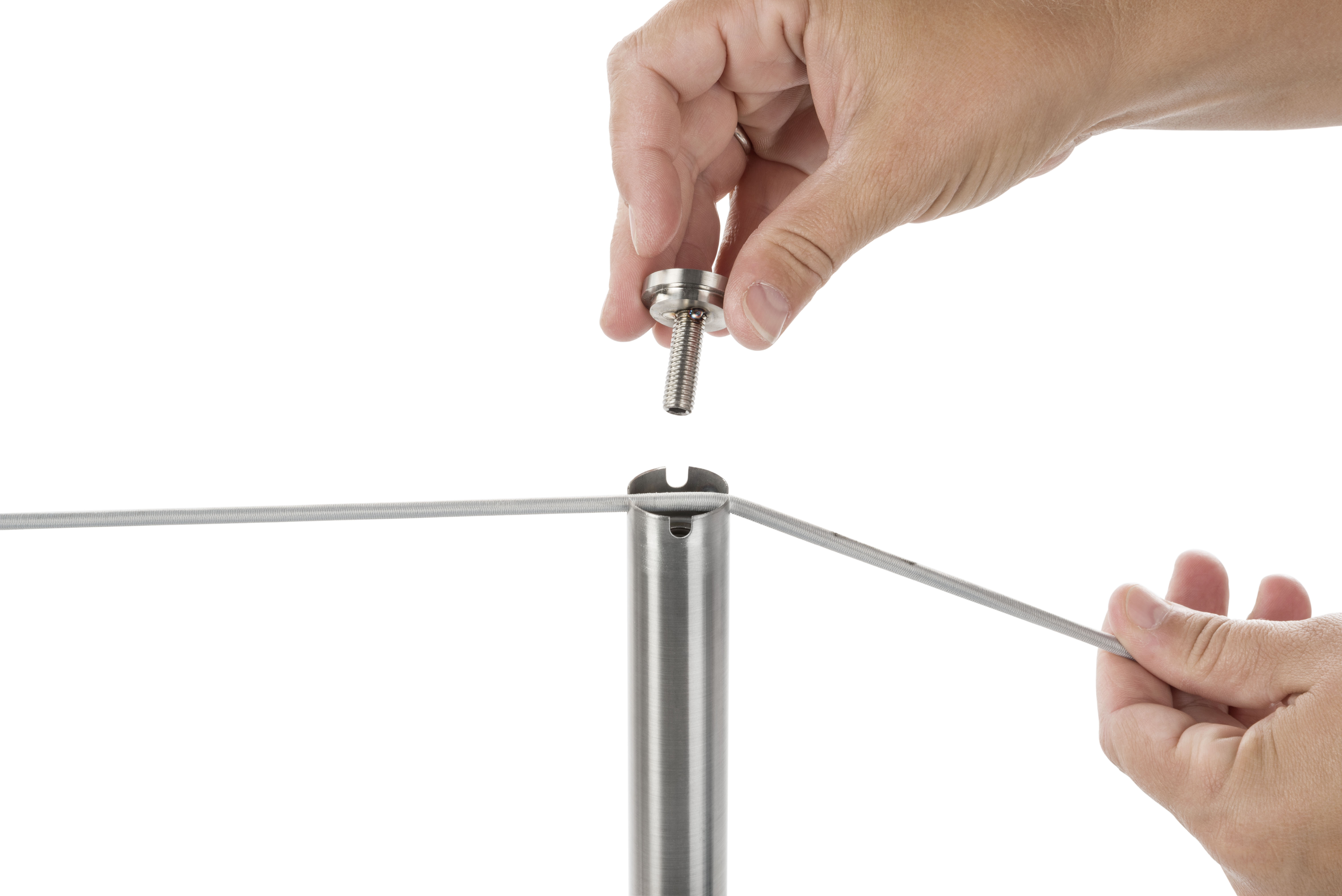 Set of (4) 16” QueuePole Slim Posts, 2 Wall Receptors, w/ 50’ Gray Cord - Silver - Image 9