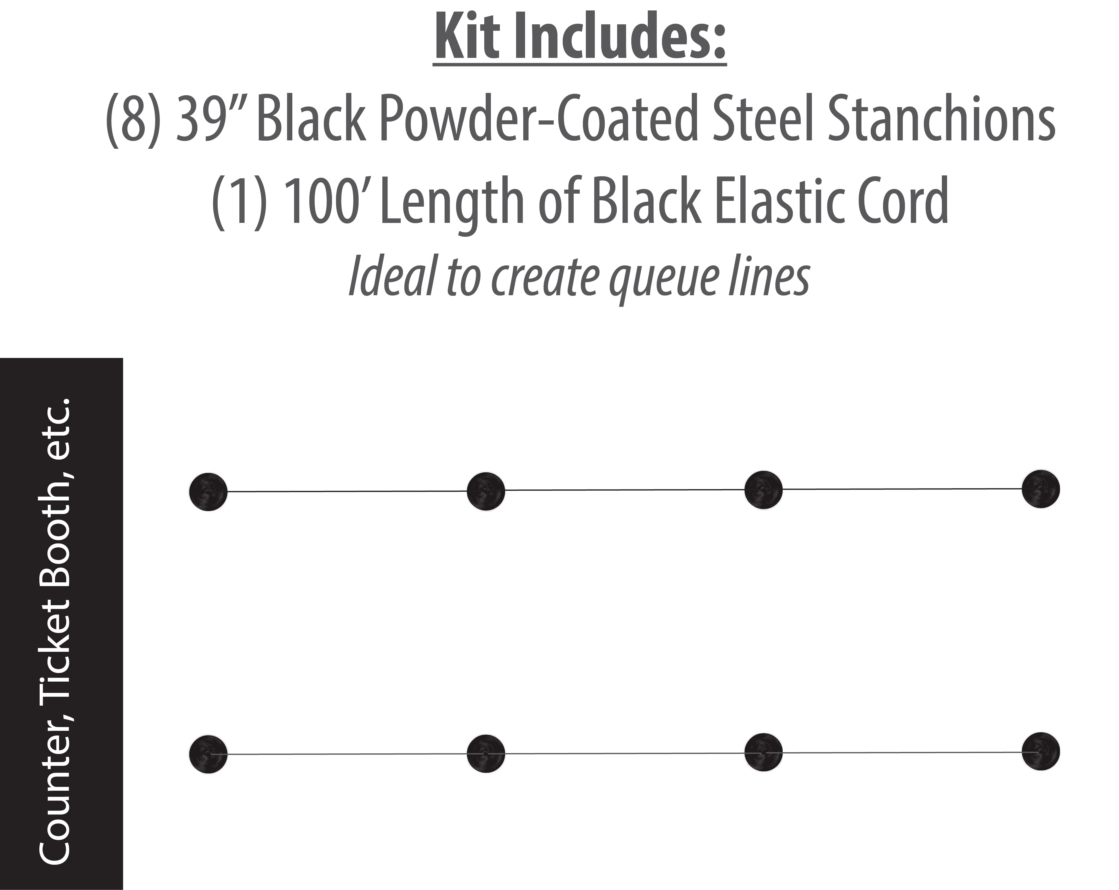 Set of (8) QueuePole Slim 39” Stanchion Posts w/ 100’ Black Elastic Cord - Black - Image 2