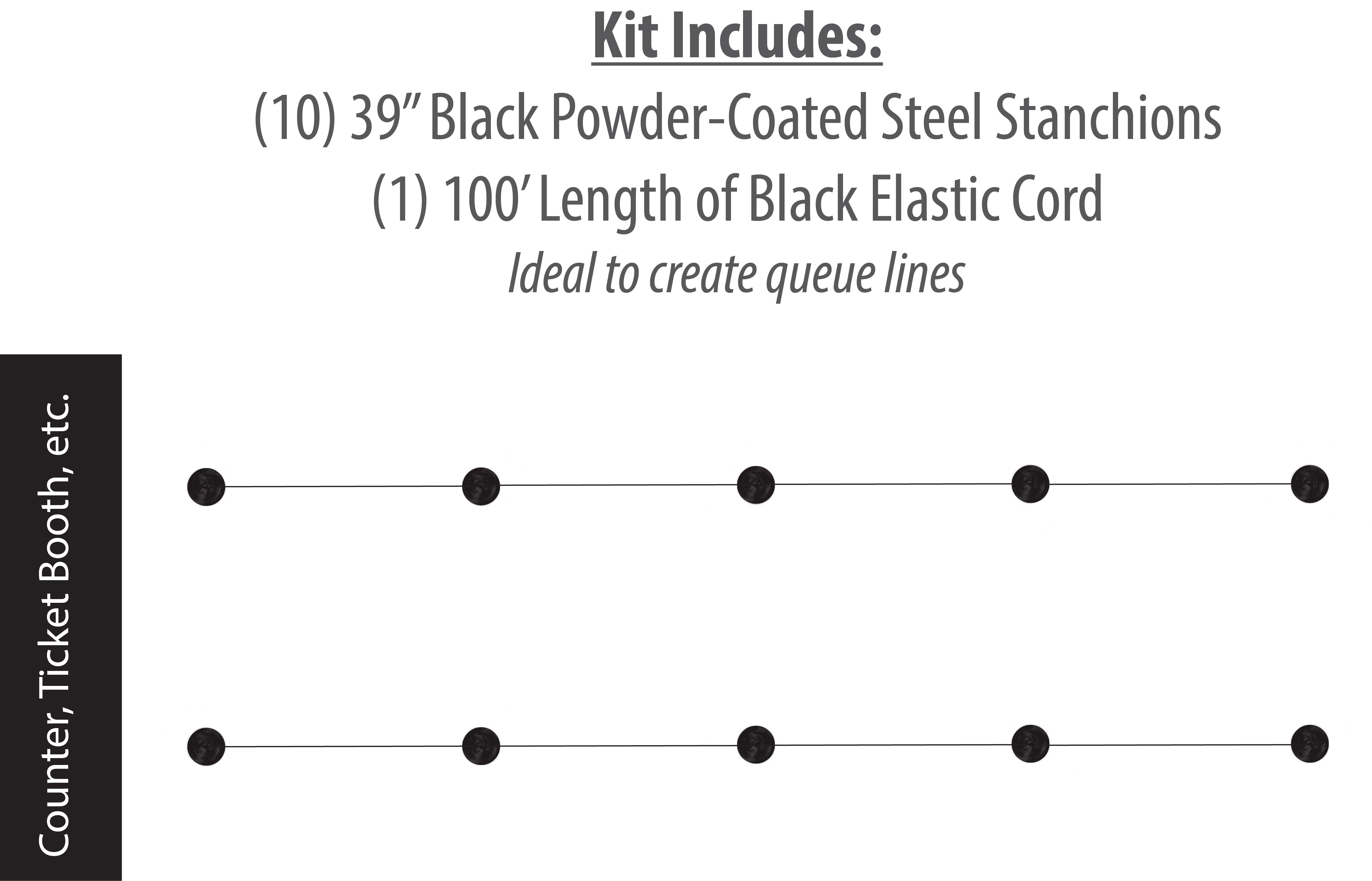 Set of (10) QueuePole Slim 39” Stanchion Posts w/ 100’ Black Elastic Cord - Black - Image 2
