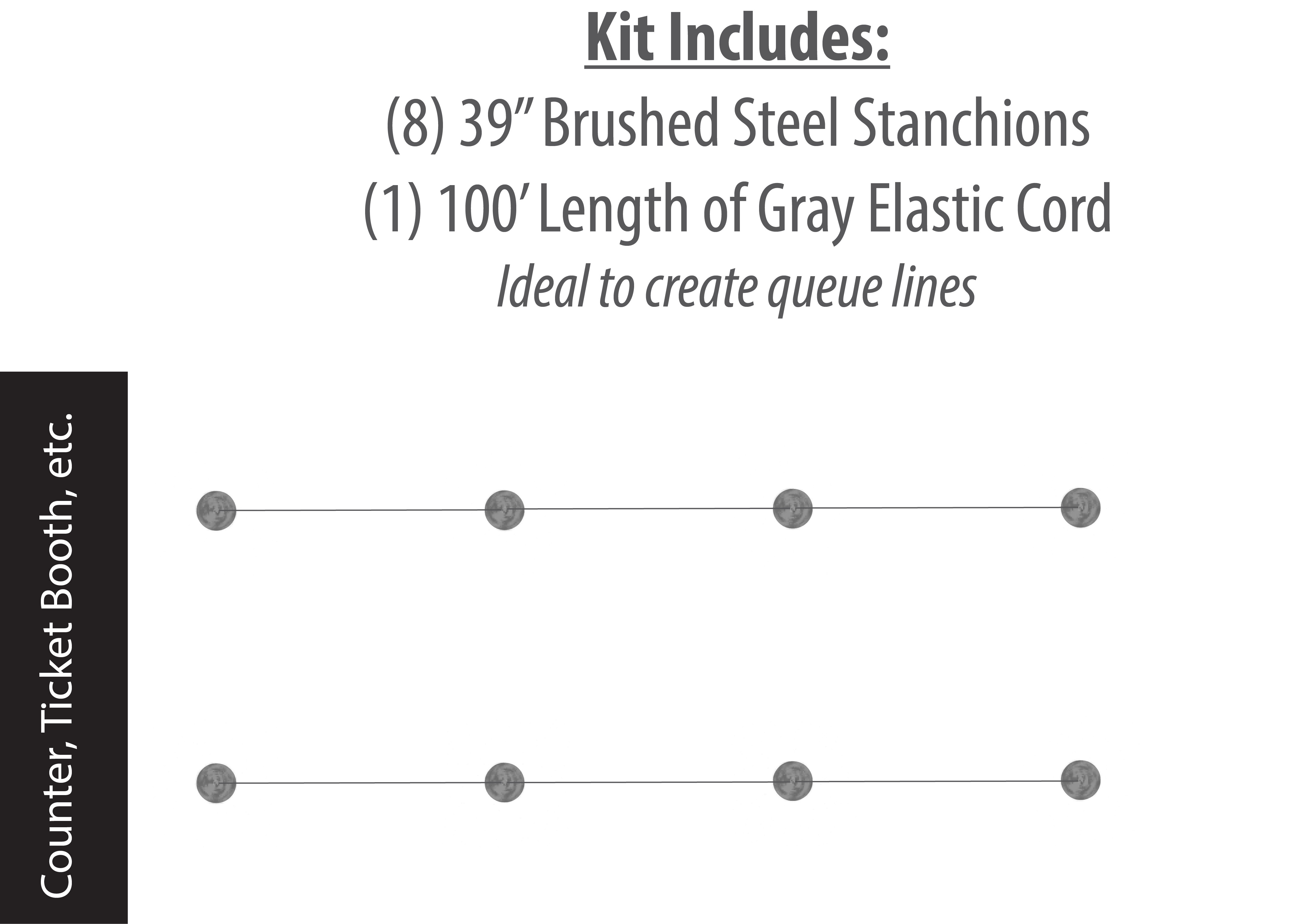 Set of (8) QueuePole Slim 39” Stanchion Posts w/ 100’ Gray Elastic Cord - Silver - Image 2