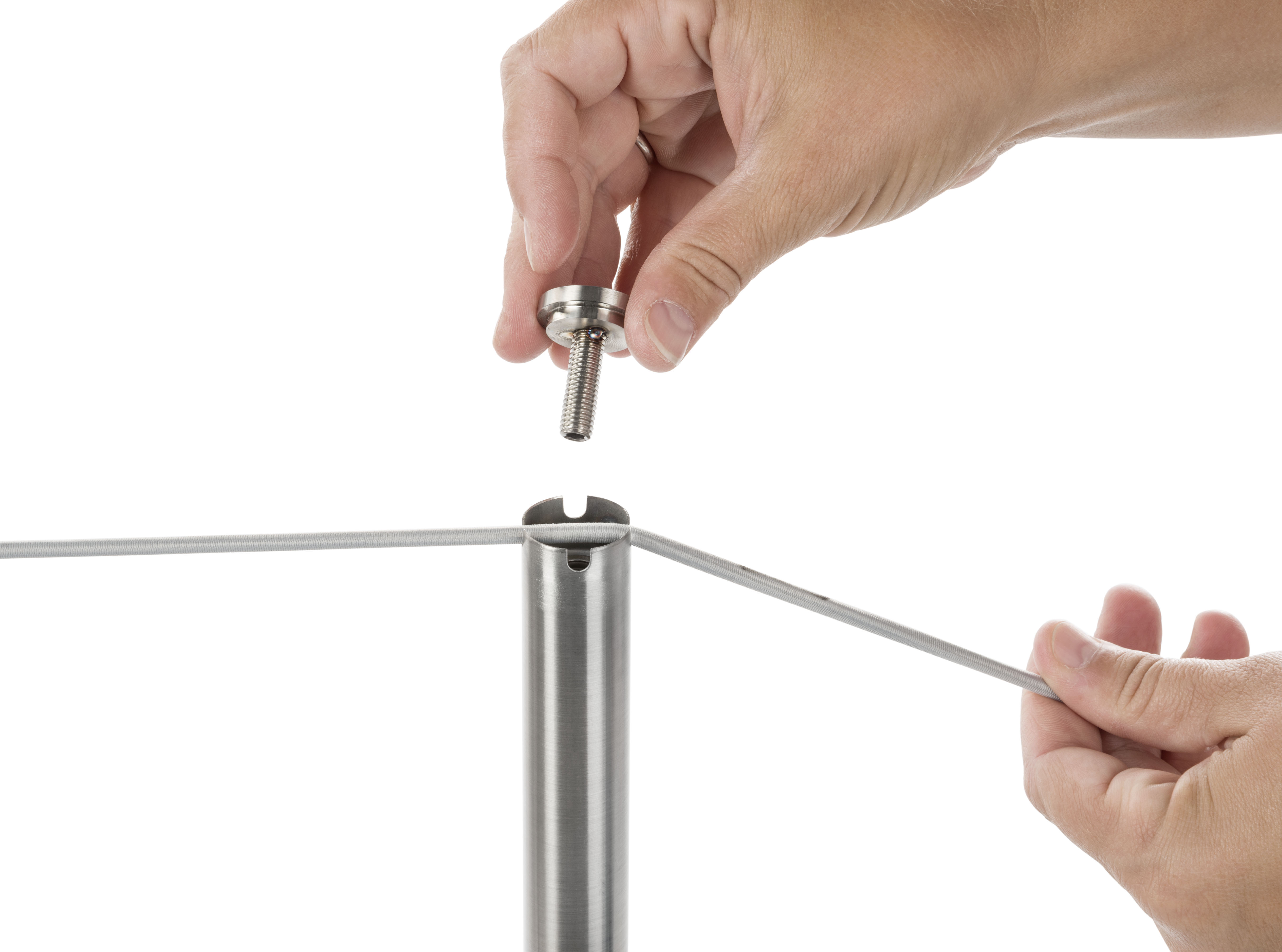 Set of (10) QueuePole Slim 39” Stanchion Posts w/ 100’ Gray Elastic Cord - Silver - Image 6