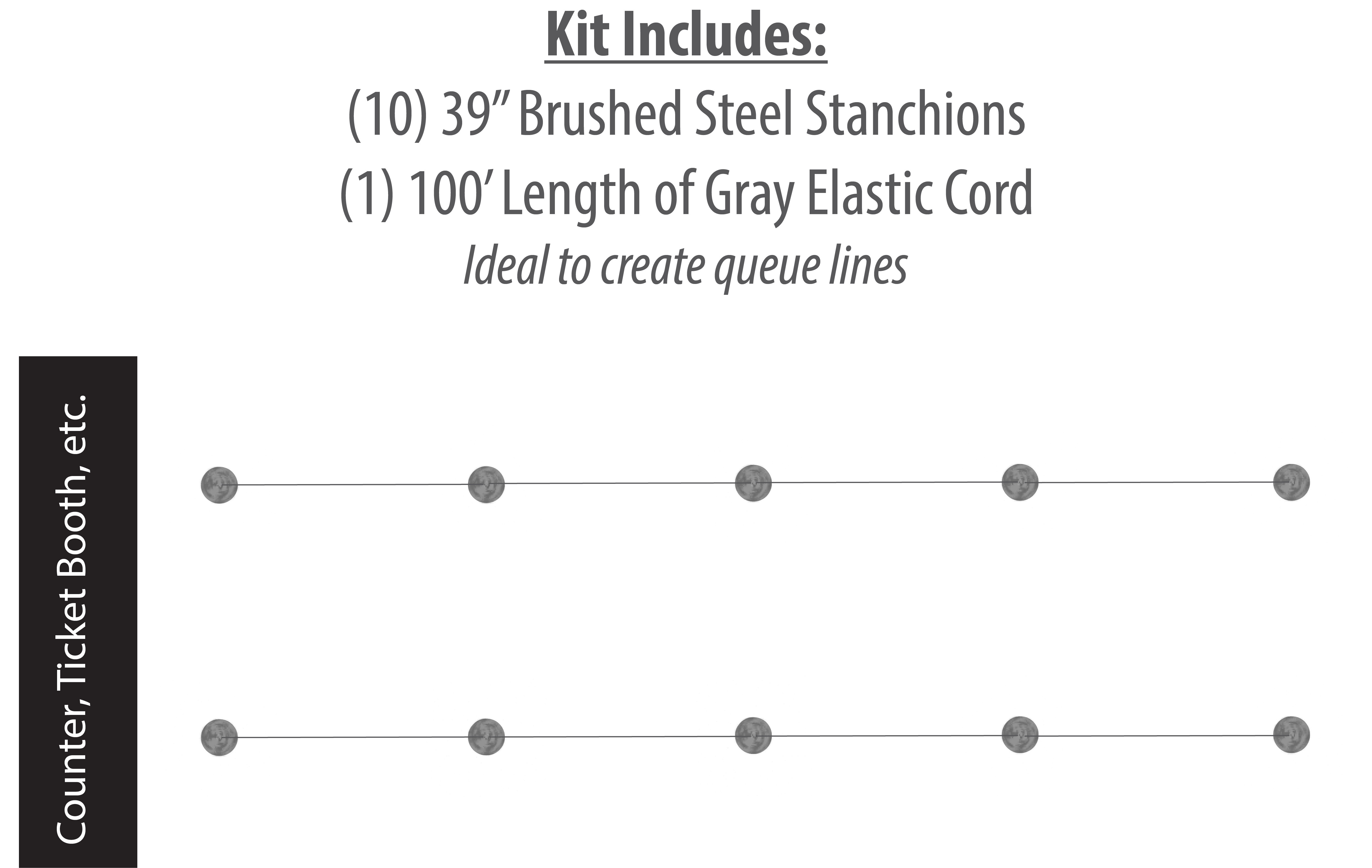 Set of (10) QueuePole Slim 39” Stanchion Posts w/ 100’ Gray Elastic Cord - Silver - Image 2