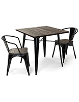 Indoor café table set with elm wood and iron metal construction 