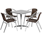 Square aluminum indoor/outdoor table set with dark brown seats