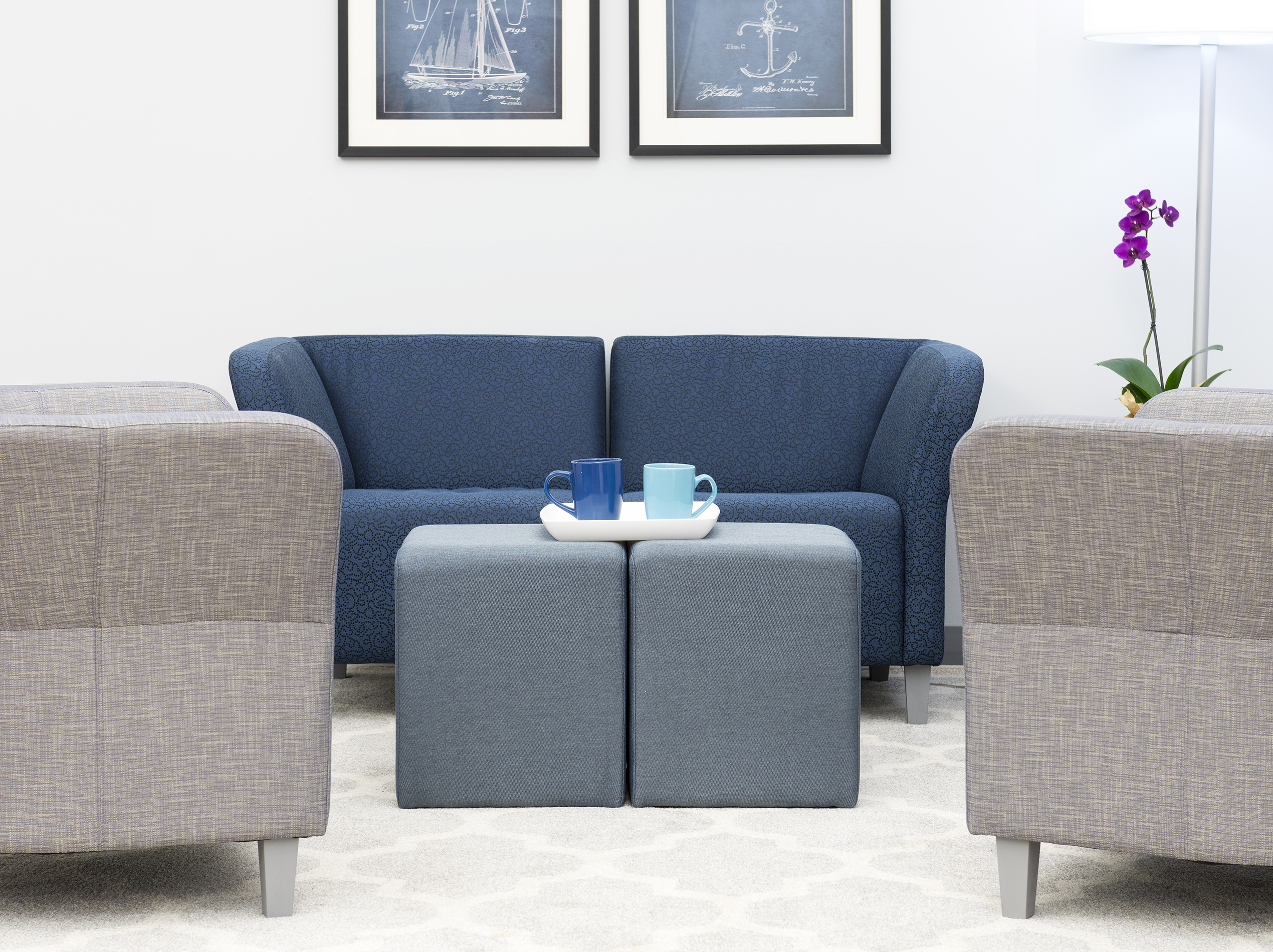 Square Ottoman Seating Cube | Textured Blue Upholstery | Displays2Go