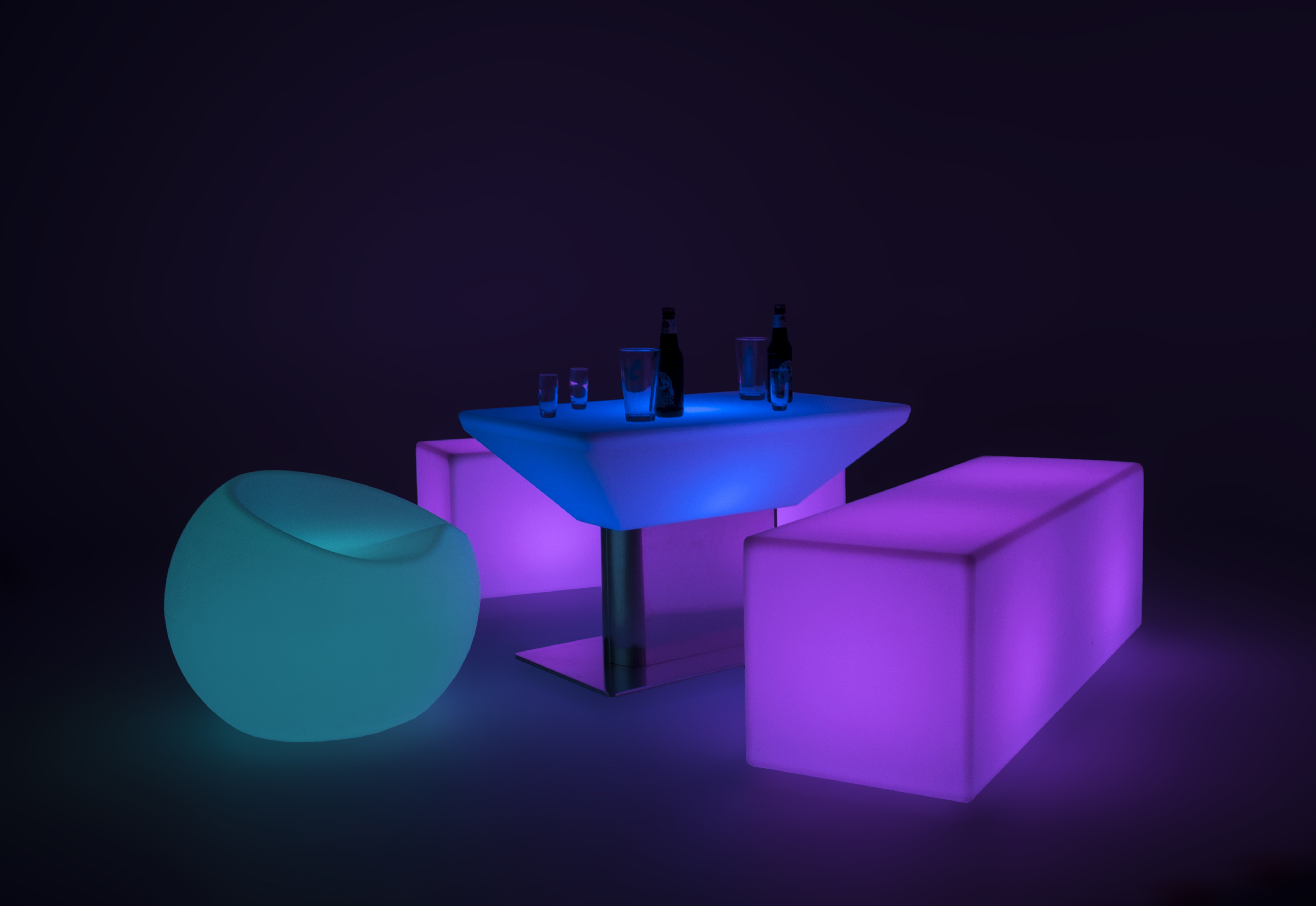 soft glow LED bench and table set with sphere chair