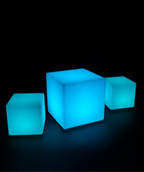 Illuminated lounge table set shown in blue lights