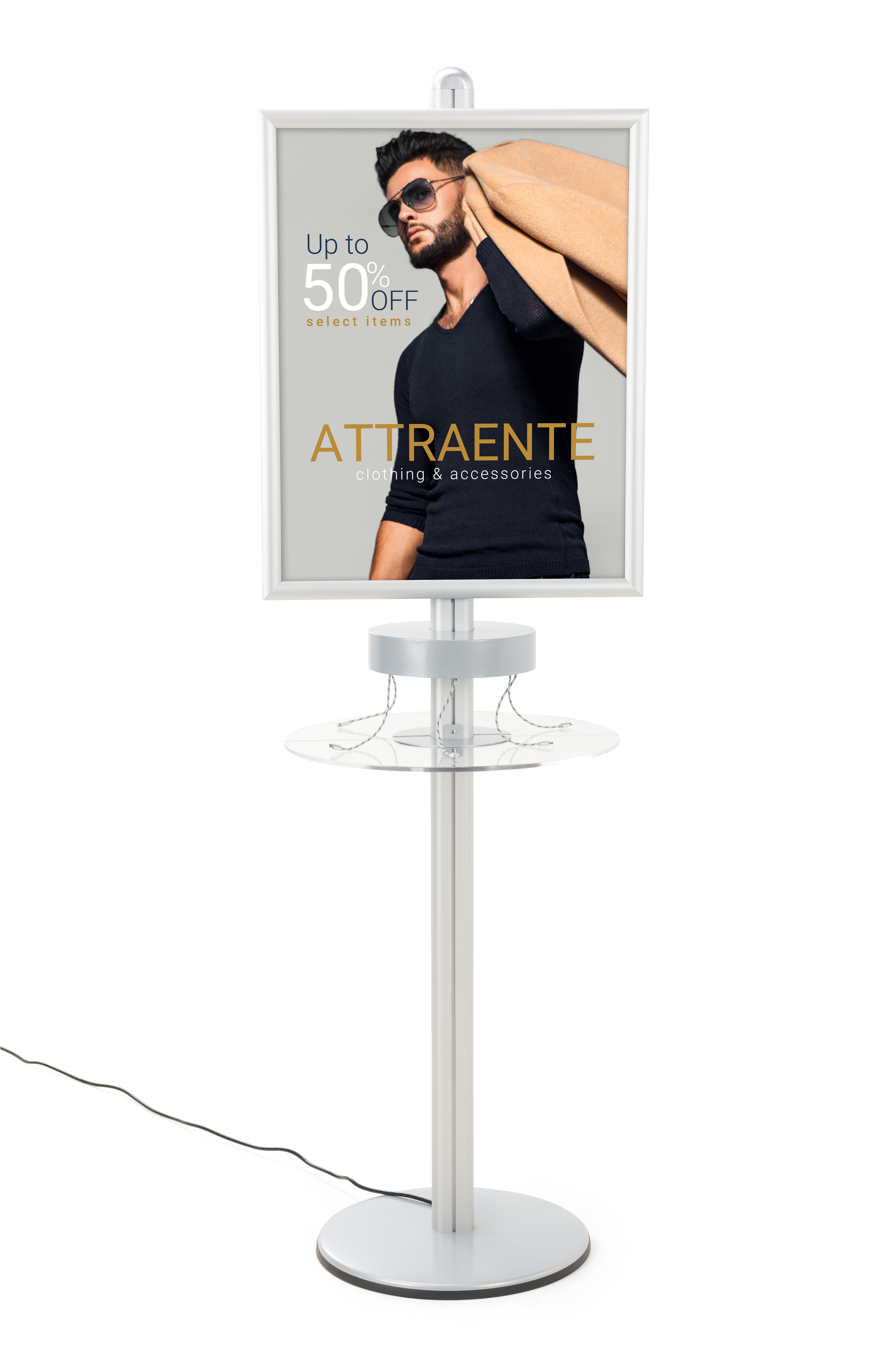 Charging Kiosk for Floor, (2) 22 x 28 Poster Frames, 6 Cables, Storage Shelf - Silver - Image 3