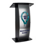 Contemporary curved lectern with custom panel and opaque fingerprint reducing finish