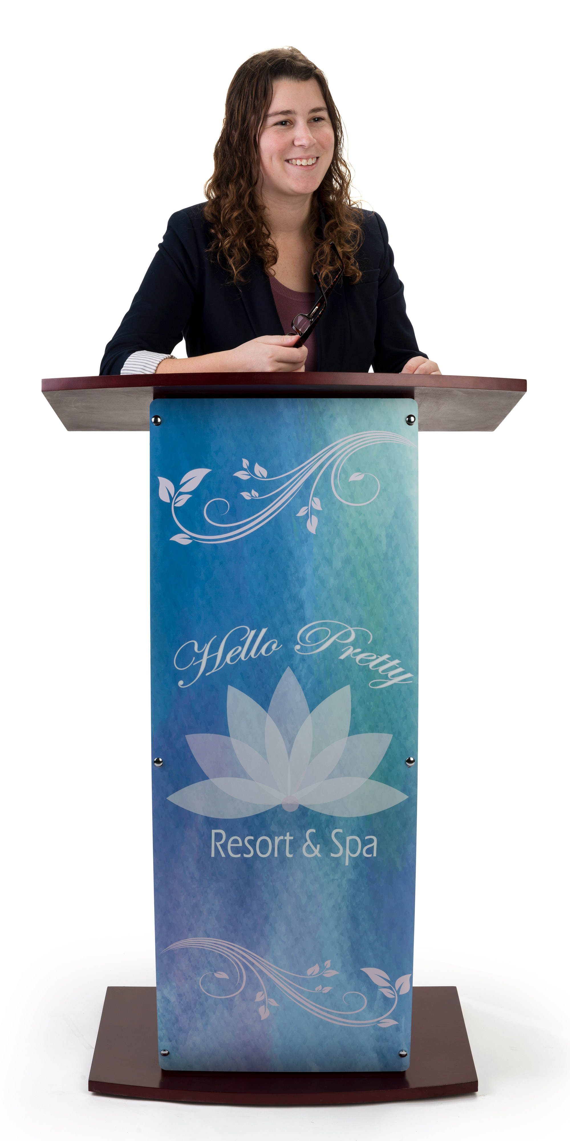 43.5" Floor Podium, Custom Printed Opaque Acrylic Panel - Mahogany - Image 6