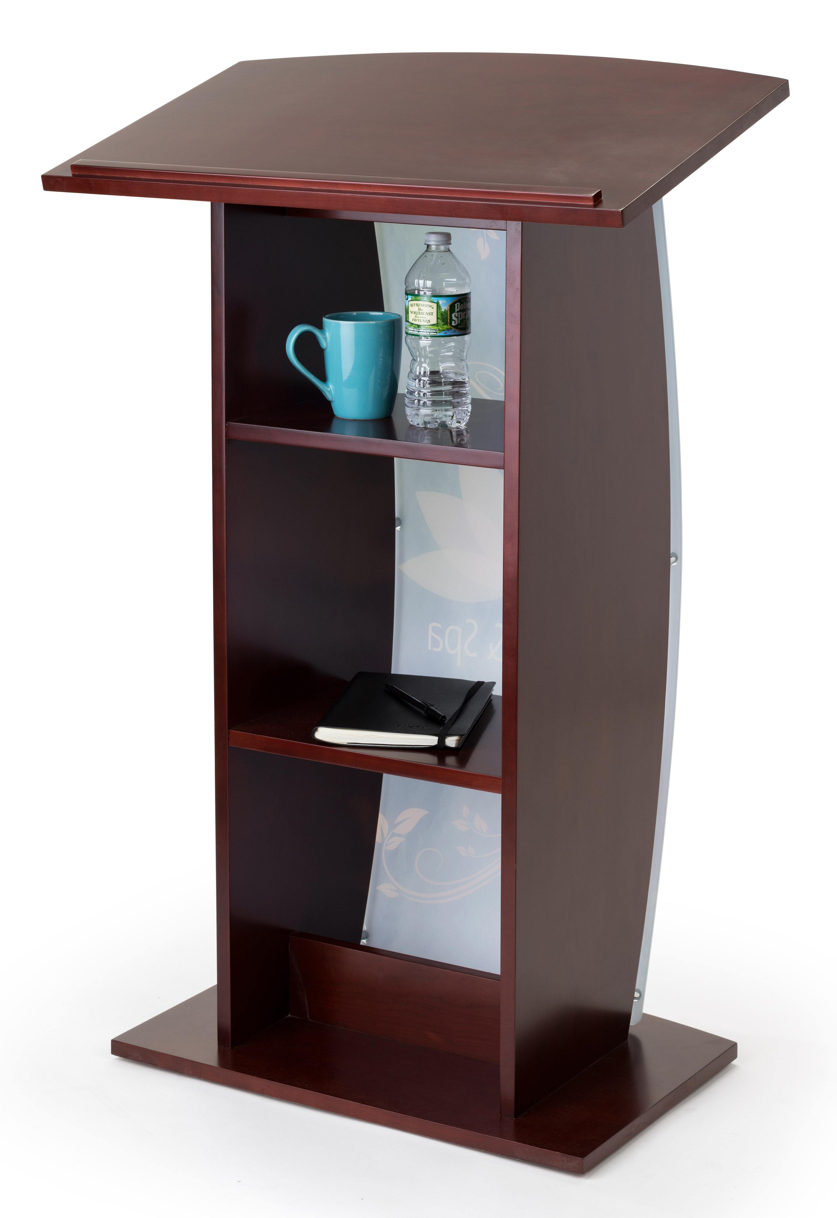 Podium In Store Mahogany Custom Podium | 2 Shelves and Large Reading Surface | Displays2Go